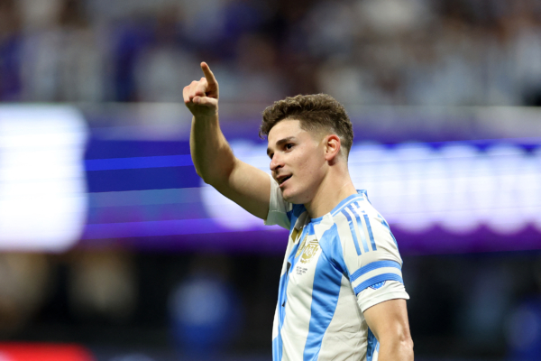 Argentina's forward #09 Julian Alvarez celebrates scoring his team's first goal during the Conmebol 2024 Copa America tournament group A football match between Argentina and Canada at Mercedes Benz Stadium in Atlanta, Georgia, on June 20, 2024. (Photo by CHARLY TRIBALLEAU / AFP) 
