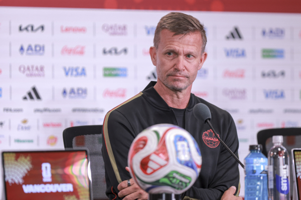 VANCOUVER, BRITISH COLUMBIA - JUNE 17: Head Coach Jesse Marsch of Canada talks to the media during a press conference one day ahead of the FIFA World Cup 2026 Group B match between Canada and Qatar at BC Place on June 17, 2026 in Vancouver, British Columbia. 