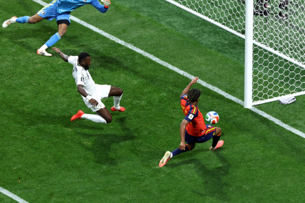 ATLANTA, GEORGIA - JUNE 21: Lamine Yamal #19 of Spain scores his team's first goal during the FIFA World Cup 2026 Group H match between Spain and Saudi Arabia at Atlanta Stadium on June 21, 2026 in Atlanta, Georgia.