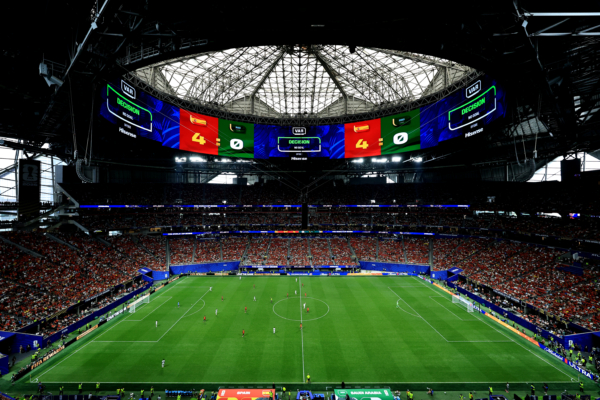 ATLANTA, GEORGIA - JUNE 21: The big screen displays the result of the VAR review after a possible offside after Ferran Torres #7 of Spain scores a goal during the FIFA World Cup 2026 Group H match between Spain and Saudi Arabia at Atlanta Stadium on June 21, 2026 in Atlanta, Georgia.