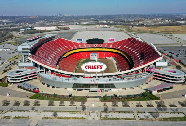 KANSAS CITY, MISSOURI - MARCH 25: A general view of GEHA Field at Arrowhead Stadium, home of the Kansas City Chiefs, with downtown Kansas City on the horizon, on March 25, 2026 in Kansas City, Missouri.