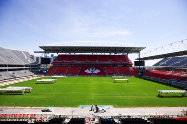 Workers prepare Toronto Stadium (temporarily renamed from BMO Field for the 2026 FIFA World Cup) in Toronto, Canada, on May 19, 2026.