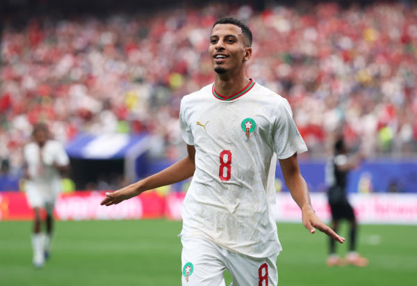HOUSTON, TEXAS - JULY 04: Azzedine Ounahi #8 of Morocco celebrates scoring his team's second goal during the FIFA World Cup 2026 Round of 16 match between Canada and Morocco at Houston Stadium on July 04, 2026 in Houston, Texas.