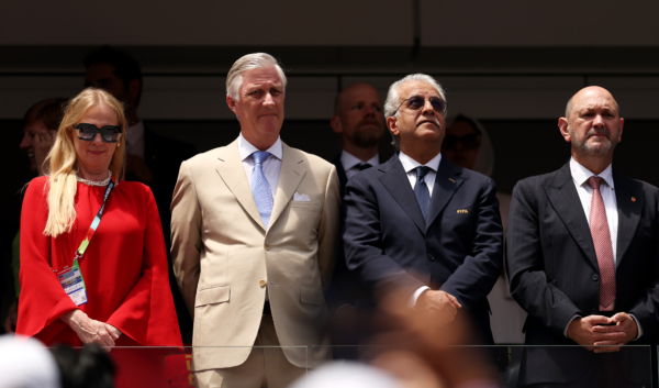 INGLEWOOD, CALIFORNIA - JULY 10: King Philippe of Belgium (2nd L), FIFA Council Vice President Shaikh Salman Bin Ebrahim Al Khalifa (2nd R), Belgium Football Association President Pascale Van Damme (1st L) and Spanish Football Federation President Rafael Louzan (1st R) attend the FIFA World Cup 2026 Quarter Final match between Spain and Belgium at Los Angeles Stadium on July 10, 2026 in Inglewood, California. 