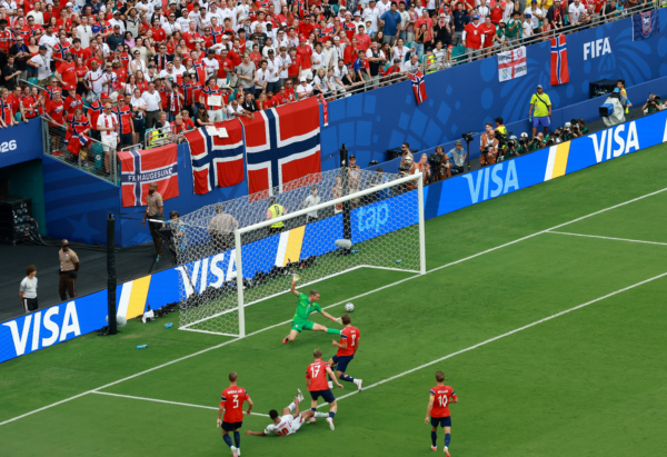 MIAMI GARDENS, FLORIDA - JULY 11: Jude Bellingham #10 of England scores his team's first goal during the FIFA World Cup 2026 Quarter Final match between Norway and England at Miami Stadium on July 11, 2026 in Miami Gardens, Florida.