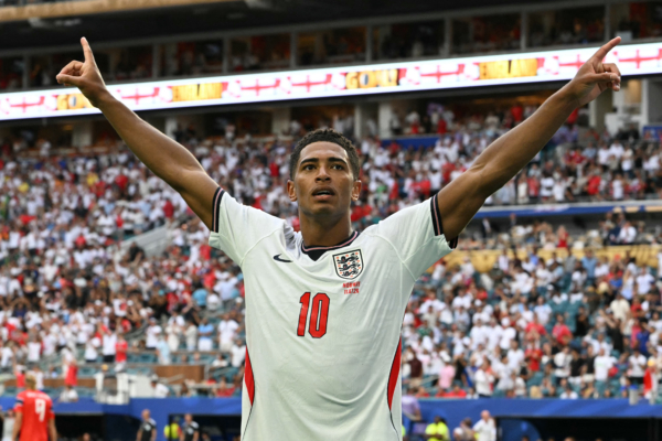 TOPSHOT - England's midfielder #10 Jude Bellingham celebrates after scoring his team's second goal during the 2026 World Cup football tournament quarter-final match between Norway and England at Miami Stadium in Miami on July 11, 2026.