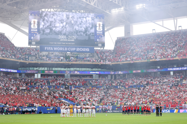 MIAMI GARDENS, FLORIDA - JULY 11: Players take a moment of silence for Jayden Adams of South Africa before the FIFA World Cup 2026 Quarter Final match between Norway and England at Miami Stadium on July 11, 2026 in Miami Gardens, Florida.